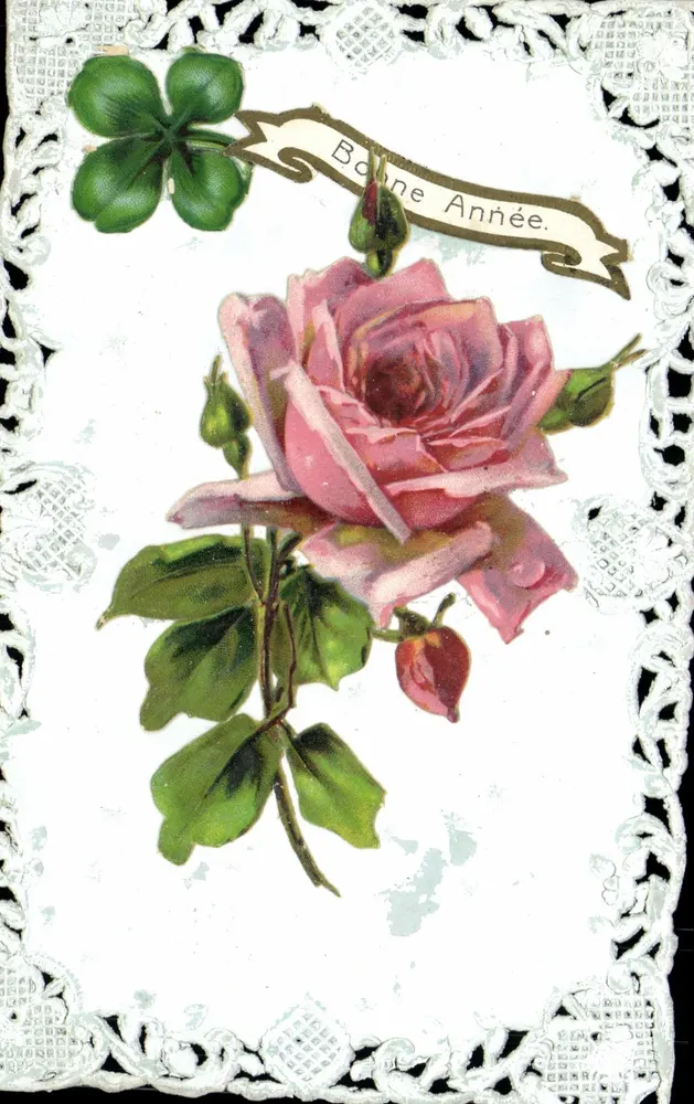 Rosa e trevo — Boa Ano — Carta postal decorativa - Frente