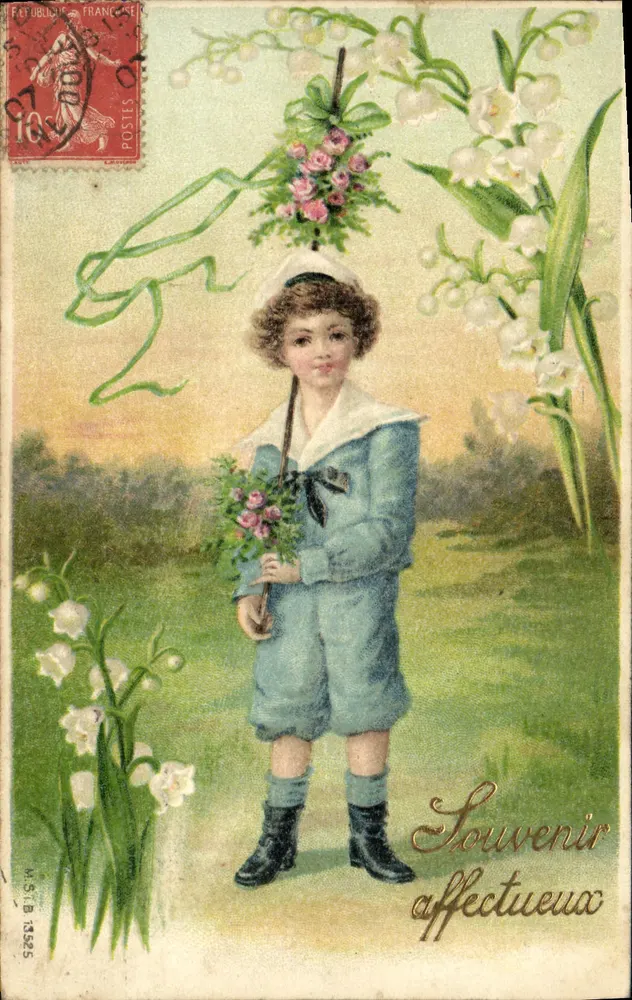 Kind in blauer Uniform — mit Blumenstrauß und Mohnblumen — Verlag M.S.I.B. Nr. 13525 - Vorderseite