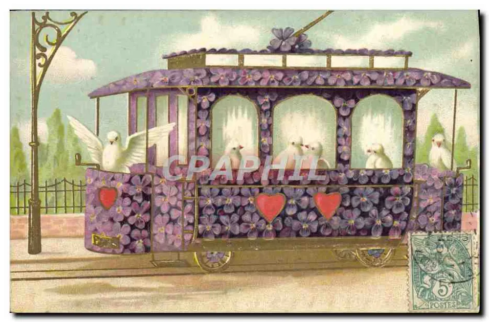 Tramway decorado com violetas e pombas — K. F. Editeurs, Paris, Série 1904 - Frente