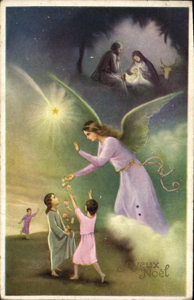 Anjo oferecendo flores às crianças — cena de Natal com a Virgem e o Menino Jesus — editor italiano - Frente