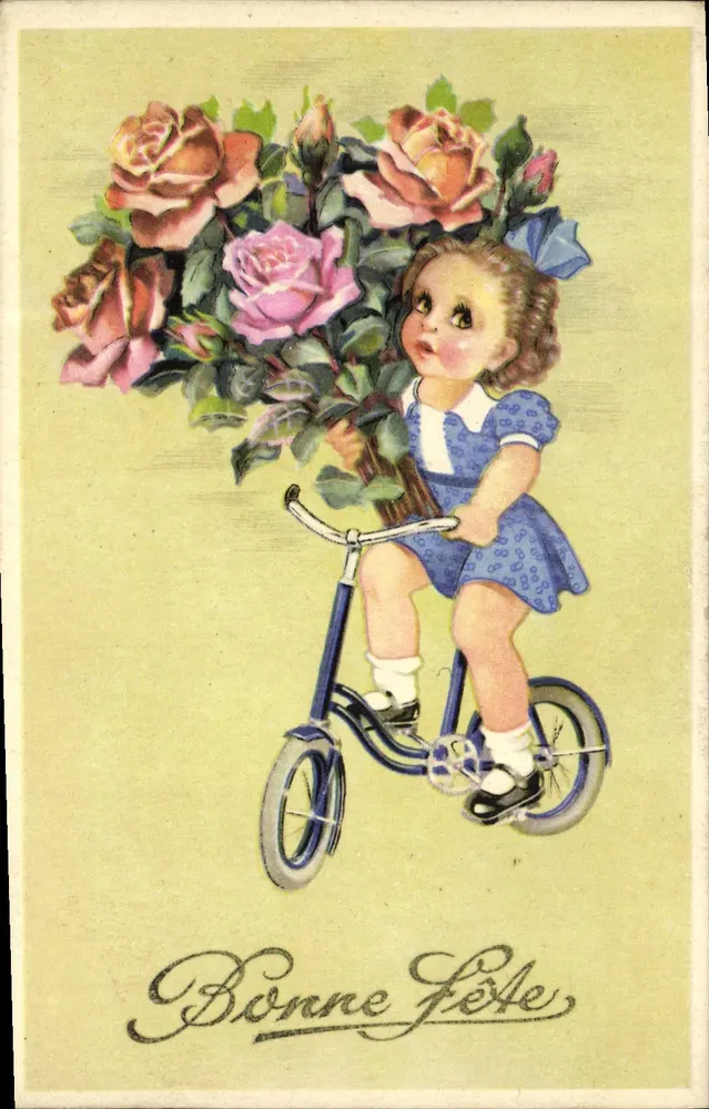 Mädchen auf einem Tricycle mit Rosenstrauß — Frohe Geburtstagskarte — Verlag B-SPECIAL n°6114/1 - Vorderseite