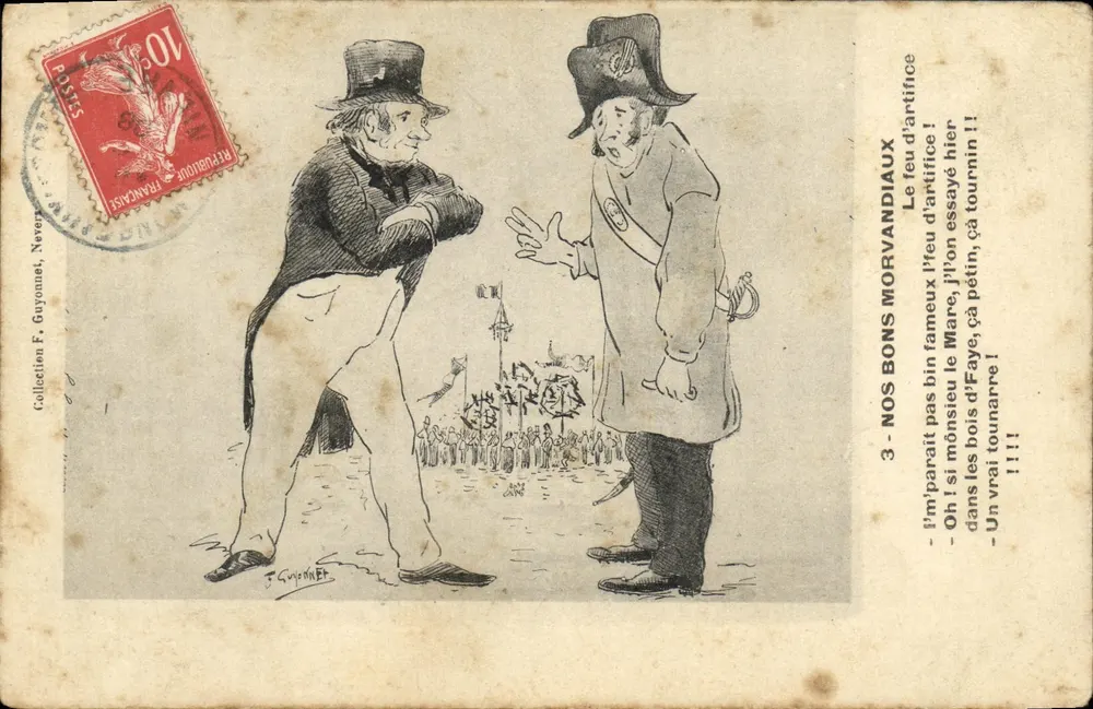 Deux hommes en conversation — caricature de 'Nos bons Morvandiaux' — éditeur J. Guyomar, n°3 - Frente
