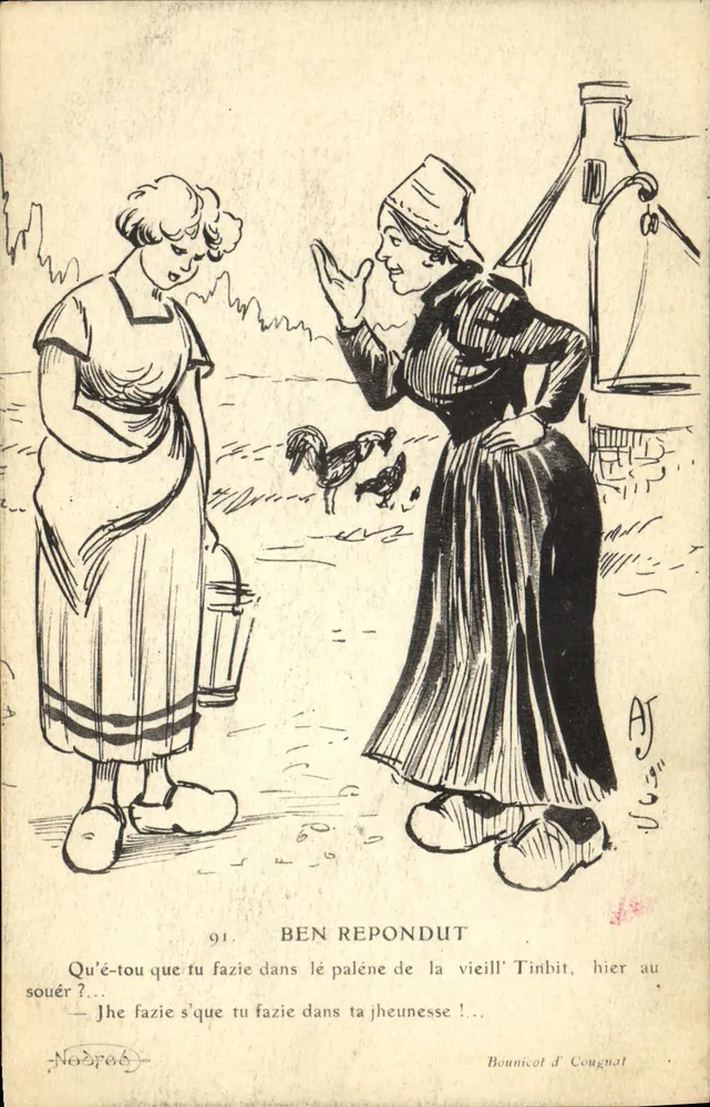 Duas mulheres em diálogo — caricatura humorística — Bounicol d' Cognat, n°91 - Frente