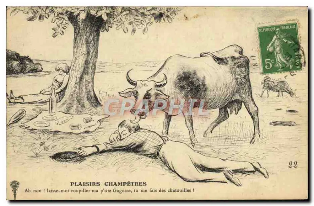 Plaisirs Champêtres — cena de campo com vaca e homem dormindo — editor não visível, n° de série 22 - Frente