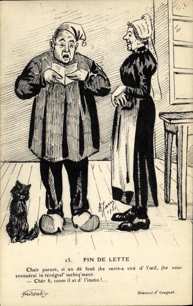 Fim da carta — caricatura de um homem lendo para uma mulher — editor Bounicol d'Cougnat, n°25 - Frente