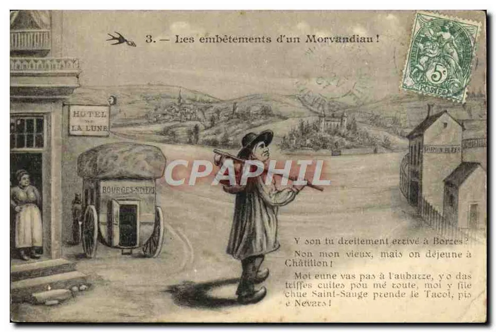 Die Ärgerlichkeiten eines Morvandiau — humoristische Szene in Châtillon-sur-Loire, anonymer Verlag, Nr. 3 - Vorderseite