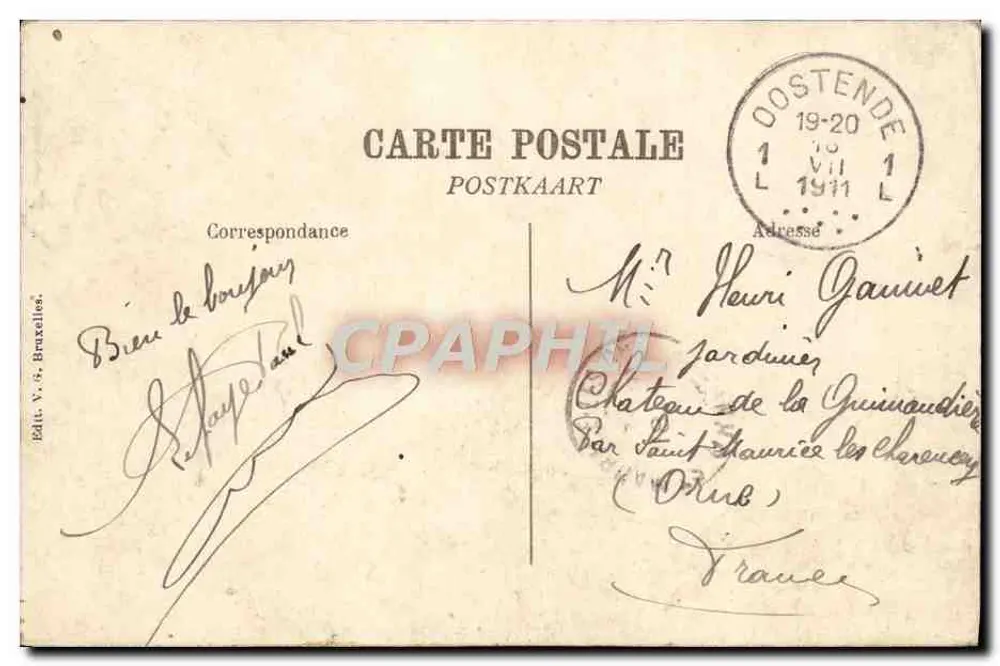 Ostende, l'Estacade — Widok z pontonu z kabiną do rybacką — Wydawca V. S. Bruxelles, n° 4371 - Rewers