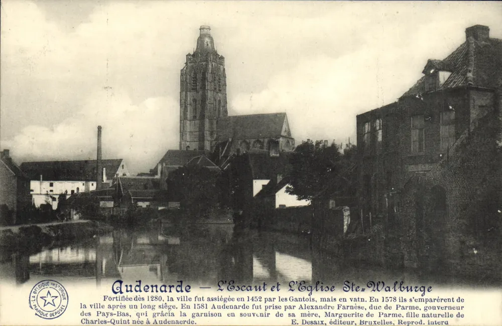 Audenaerde — El río Escalda y la Iglesia de Santa Walburge — E. Desaix, editor, Bruselas - Anverso