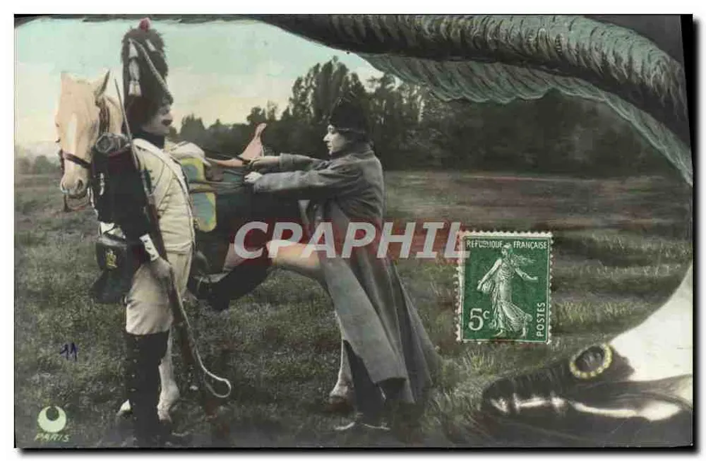 Cavaleiro em uniforme e mulher a cavalo — cena de campo — editor Paris, n°99 - Frente