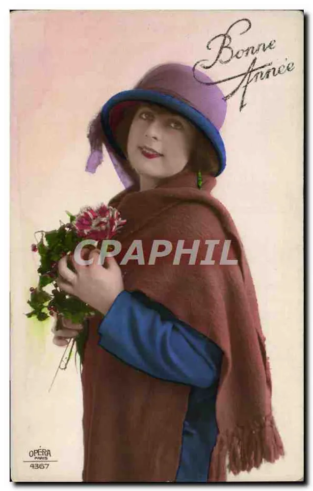 Frau mit violettem Hut und Schal — Frohe Neujahr — Opéra Prints 4367 - Vorderseite