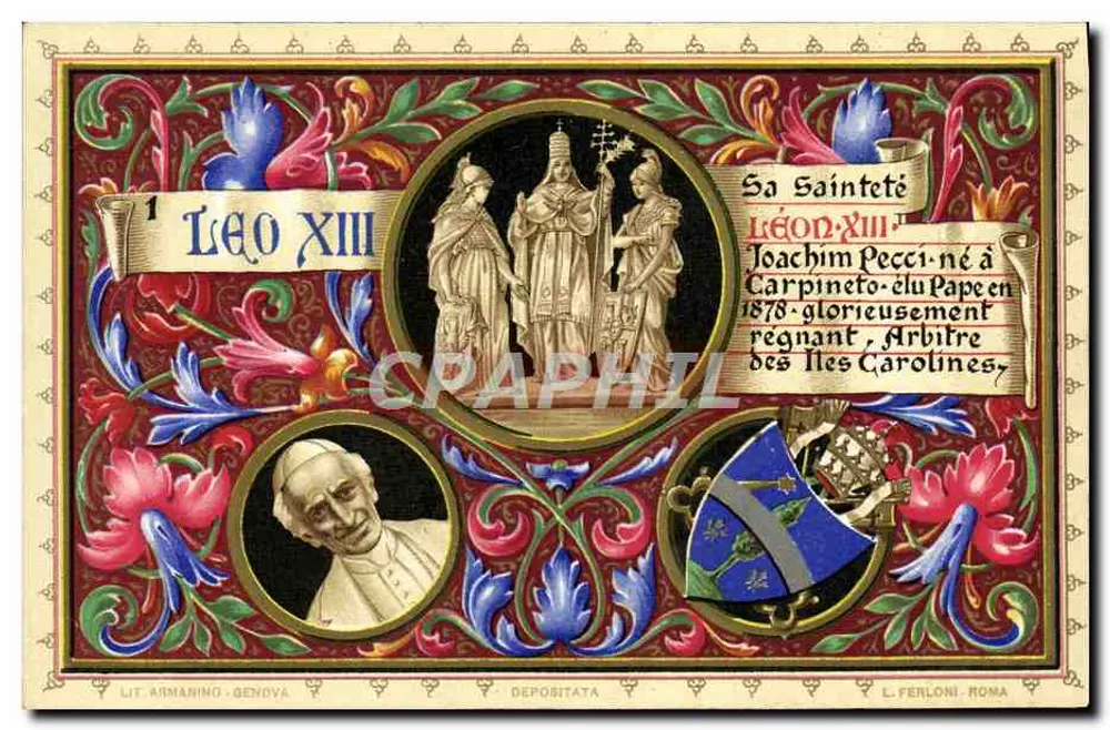 Pape Léon XIII — Joachim Pecci — nascido em Carpineto, reinante, Árbitro das Ilhas Carolinas — Lit. Armanino, Gênes - Frente