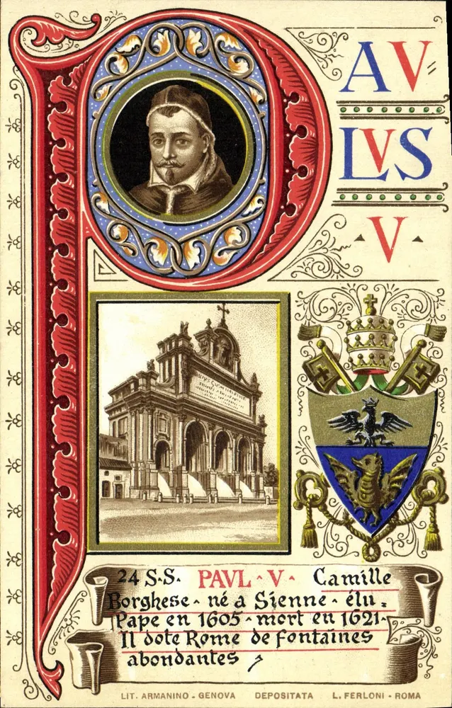 Pape Camille Borghèse — nascido em Siena, eleito em 1605, morto em 1621 — Lit. Armanino, Gênova - Frente