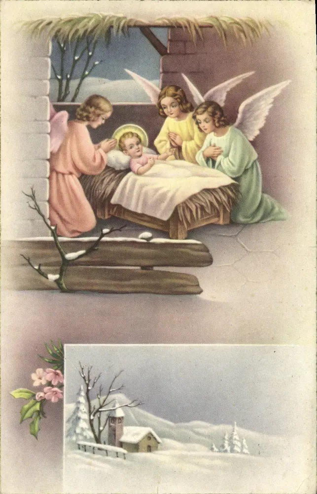 Nativité — scène avec trois anges et paysage hivernal — Imp. en Espagne n° 584 - Vorderseite