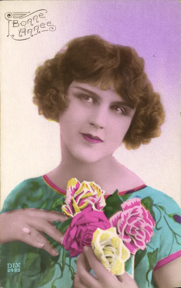 Junge Frau mit Rosen — Frohe Neujahr — DIX 2439 - Vorderseite