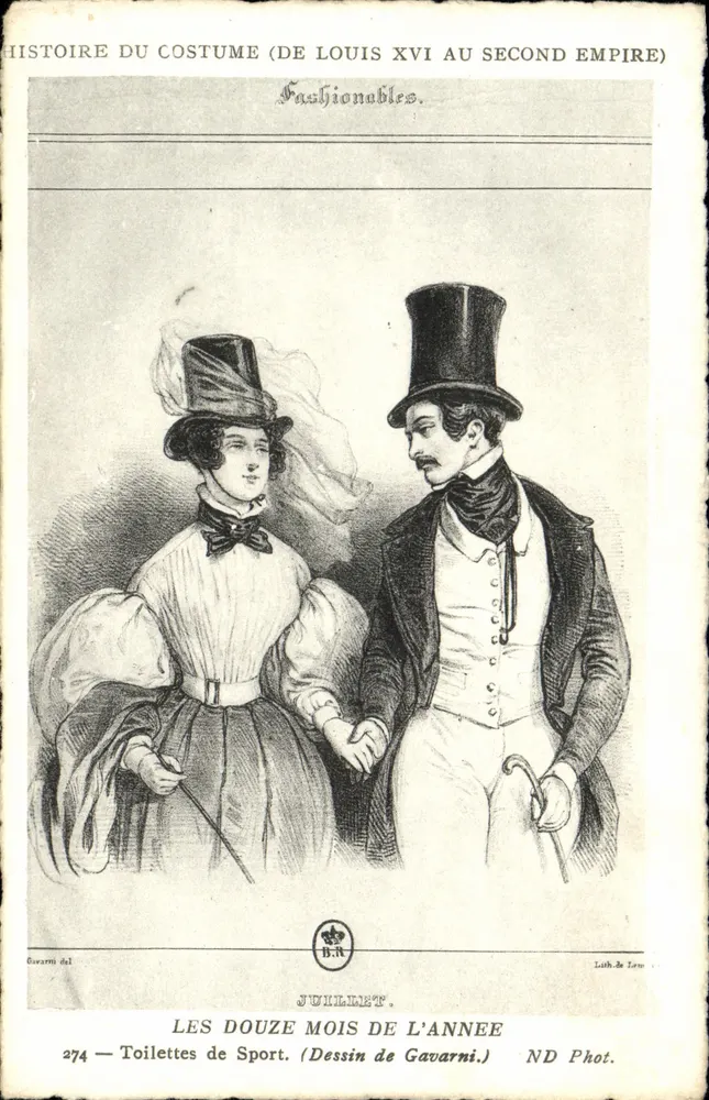 Die Zwölf Monate des Jahres — Juli — Sportkleidung — Geschichte des Kleides (von Ludwig XVI bis zum Zweiten Kaiserreich) — Zeichnung von Gavarni — ND Phot. - Vorderseite