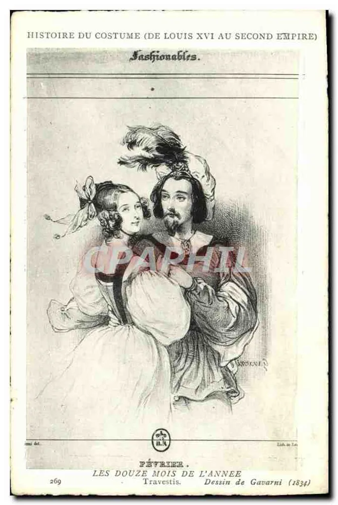 Die zwölf Monate des Jahres — Februar — Kostümbild — Zeichnung von Gavarni (1834) — Geschichte des Kleidungsstils (von Ludwig XVI bis zum Zweiten Kaiserreich) - Vorderseite