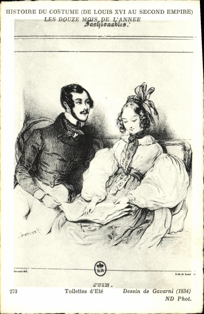 Die Sommerkleidung — Geschichte des Kleidungsstils (von Ludwig XVI bis zum Zweiten Kaiserreich) — Zeichnung von Gavarni (1834) - Vorderseite