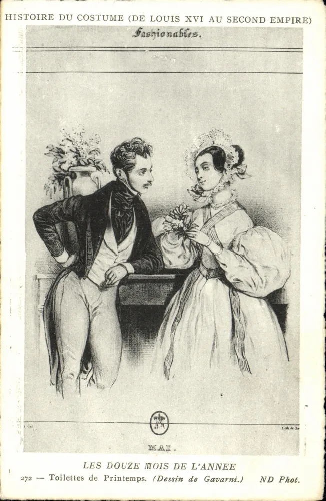 Geschichte des Kleidungsstils — Die Zwölf Monate des Jahres — Mai — Frühjahrsgarderobe (Zeichnung von Gavarni) - Vorderseite