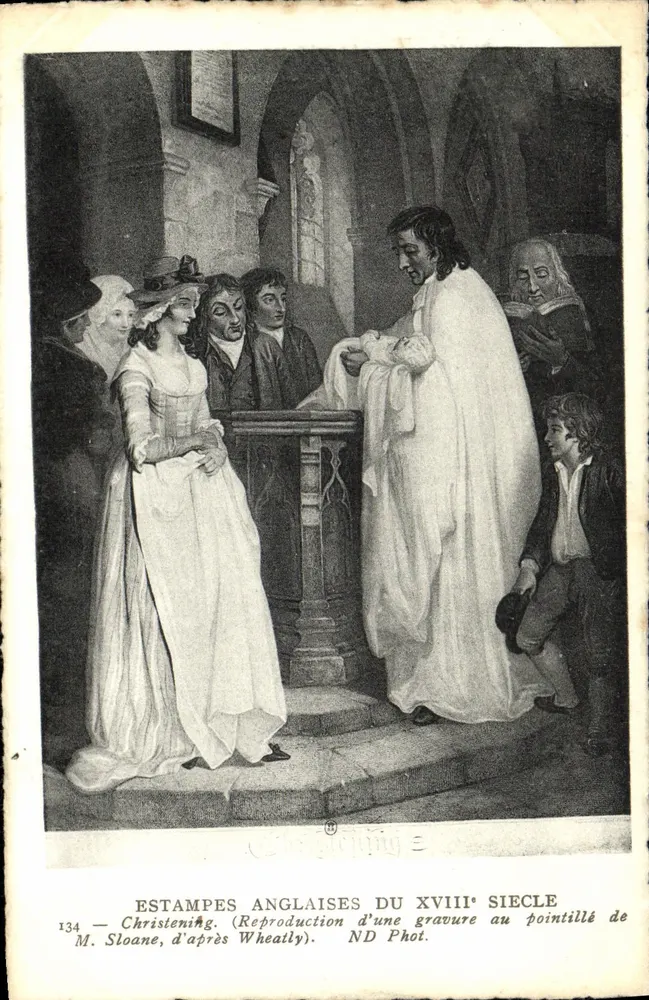 Baptismo inglês do século XVIII — Reprodução de uma gravura em pontilhado de M. Sloane, segundo Wheatley — ND Phot. - Frente