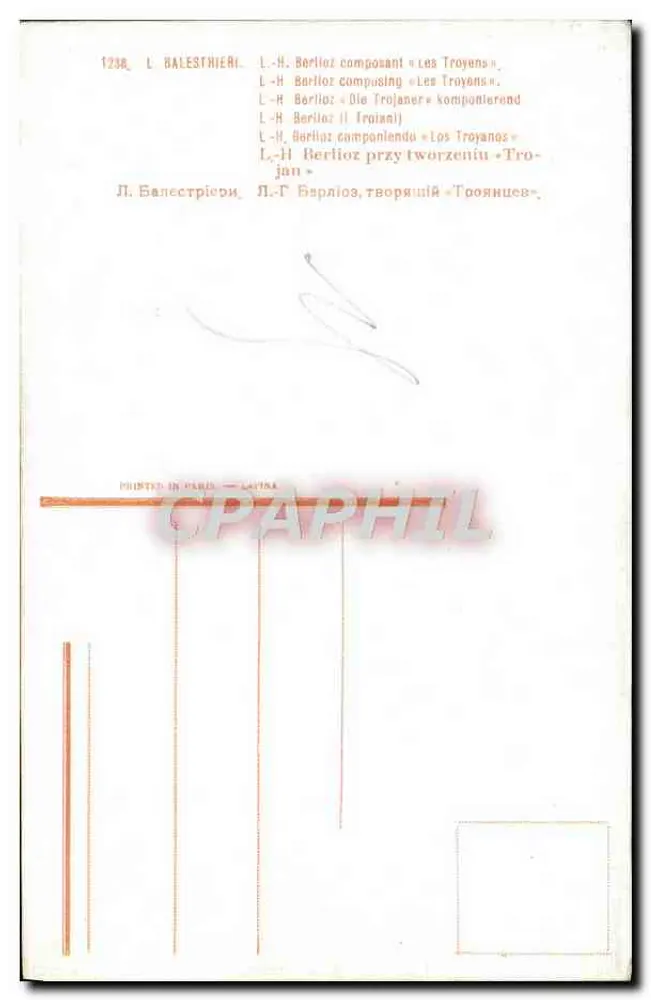 L.-H. Berlioz composant « Les Troyens » — scène d'atelier avec partitions — éditeur L. Balestriéri, n° 1238 - Reverso