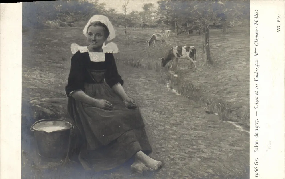 Frau am Milchschwamm — Abend und ihre Kühe — Salon Gr. 1907 — Mme Clémence Molliet - Vorderseite