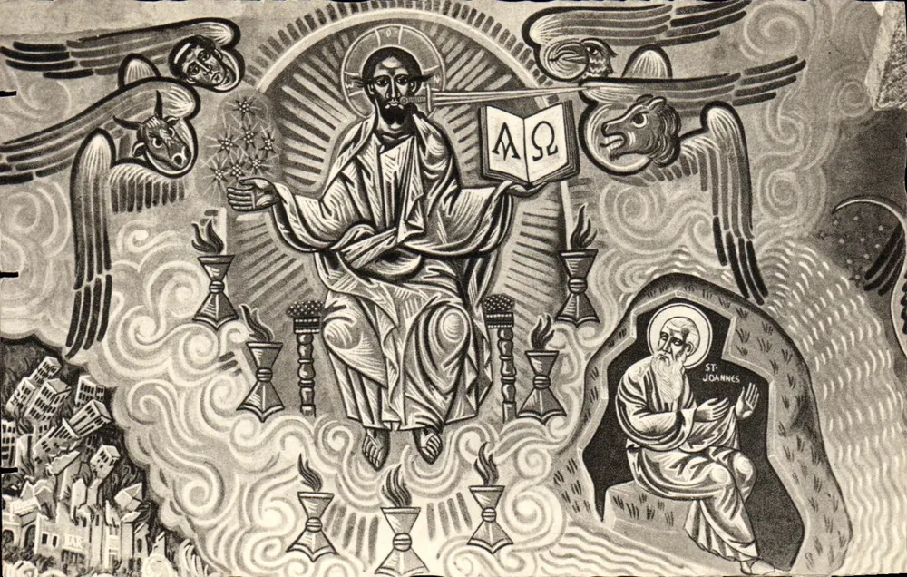 Ansicht von Saint Jean — Apokalypse — Fresko von Nicolas Greschny — Kirche Sainte-Anne in Châtel-Guyon - Vorderseite