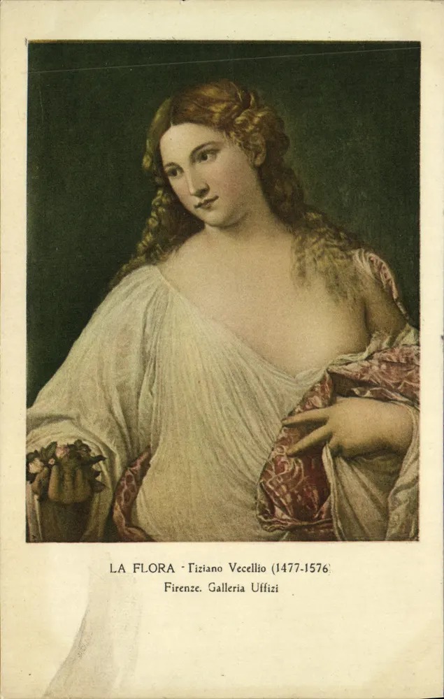 La Flora - Tiziano Vecellio (1477-1576) — pintura na Galleria Uffizi, Florença — editor El. Litifia Roberto Hoesch, Milão, n° 38 - Frente