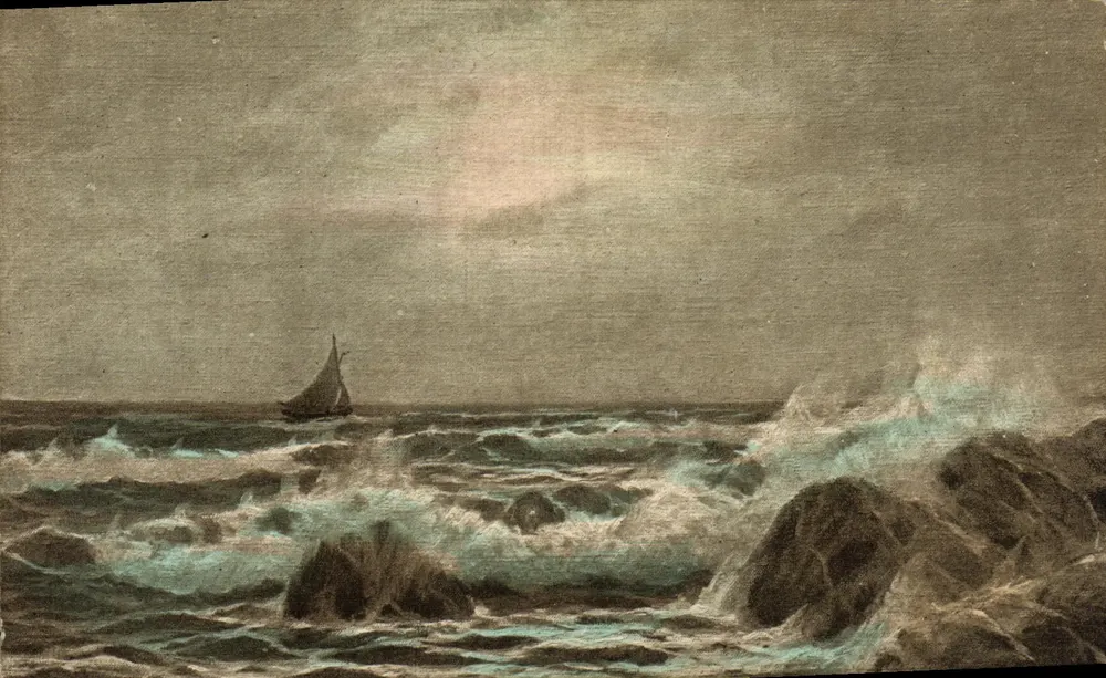 Navio no mar — tempestade e rochedos — W. R. & Co. Viena, série 2781 - Frente