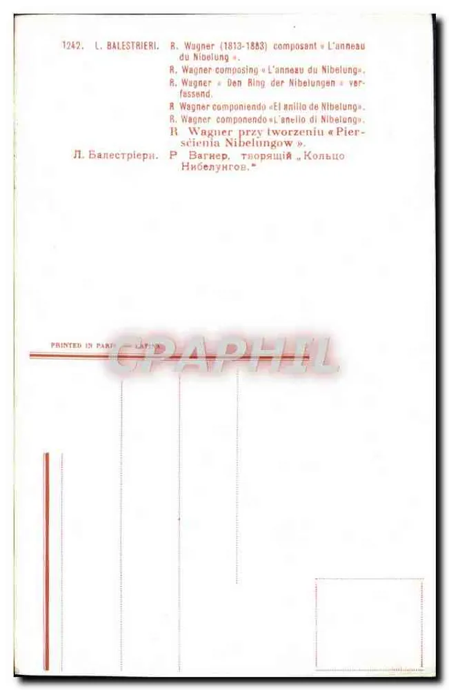 Richard Wagner (1813-1883) beim Komponieren des « Ring des Nibelungen » — Radierung von L. Balestrieri — Verlag Graphithl, n° 1242 - Rückseite