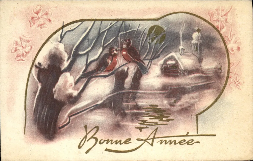 Winterlandschaft mit Vögeln — Frohe Neujahr — Paris, 26.12.1947 - Vorderseite