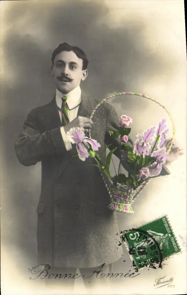 Mann mit Blumenkorb — Frohe Neujahr — Fauvoll 1173 - Vorderseite