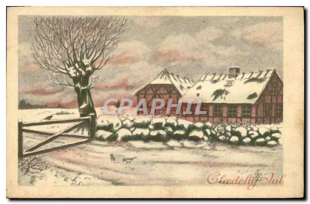 Paisagem invernal — casa nevada — texto 'Glædelig Jul' em baixo à direita - Frente