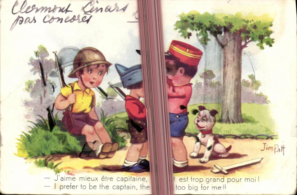 Enfants en tenue de soldats — scène d'imitation militaire avec chien — éditeur Jim Palt - Vorderseite