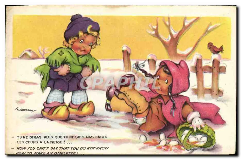 Kinder, die im Schnee spielen — Zeichnung von R. Gougean — Verlag: Fonderie Française Marcell de Pose - Vorderseite