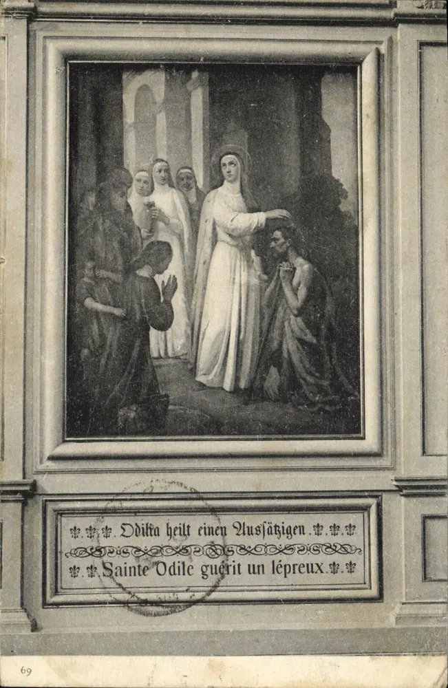 Saint Odile heilt einen Leprakranken — religiöse Illustration — Verlag Mont Sainte Odile, n°69 - Vorderseite