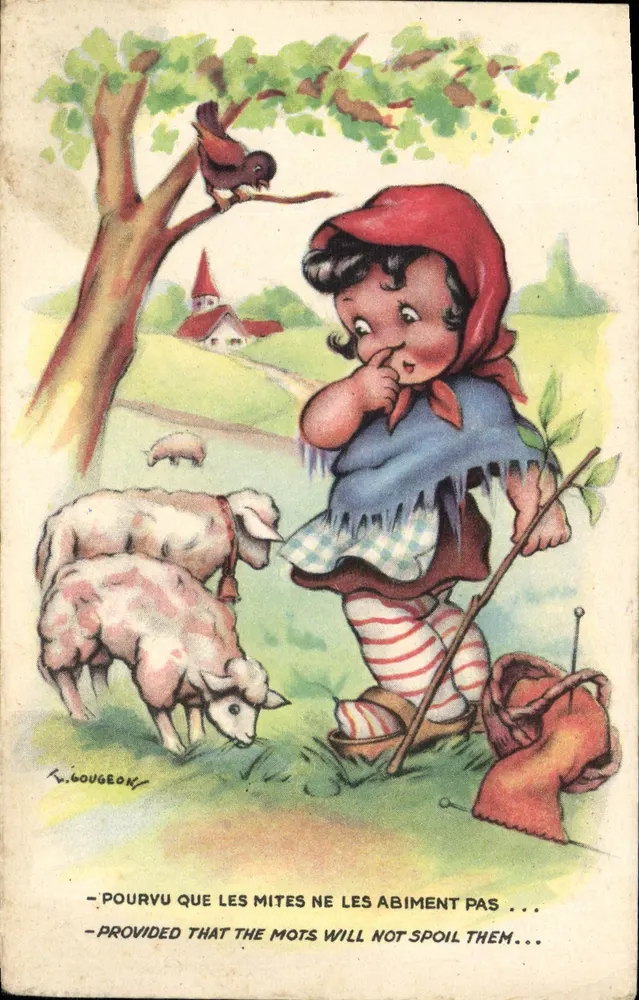 Petite bergère — scène pastorale avec moutons et oiseau — éditeur R. BOUGEON - Vorderseite