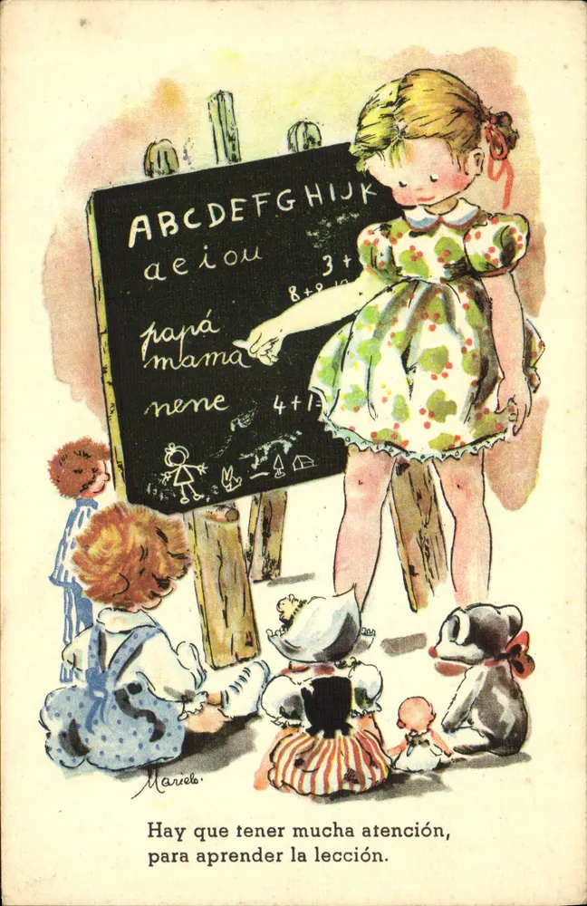 Spanischunterricht — Illustration einer kleinen Mädchen, die Kinder unterrichtet — Verlag Mariels, Serie Nr. 98 - Vorderseite