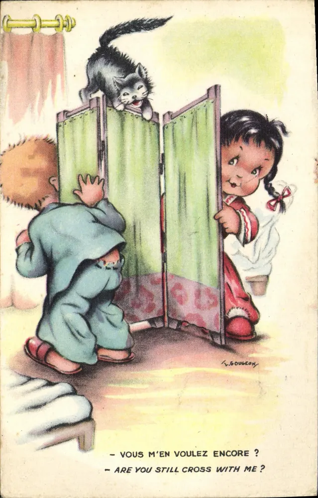Kinder und Katze — humorvolle Szene — L. Gougeon - Vorderseite