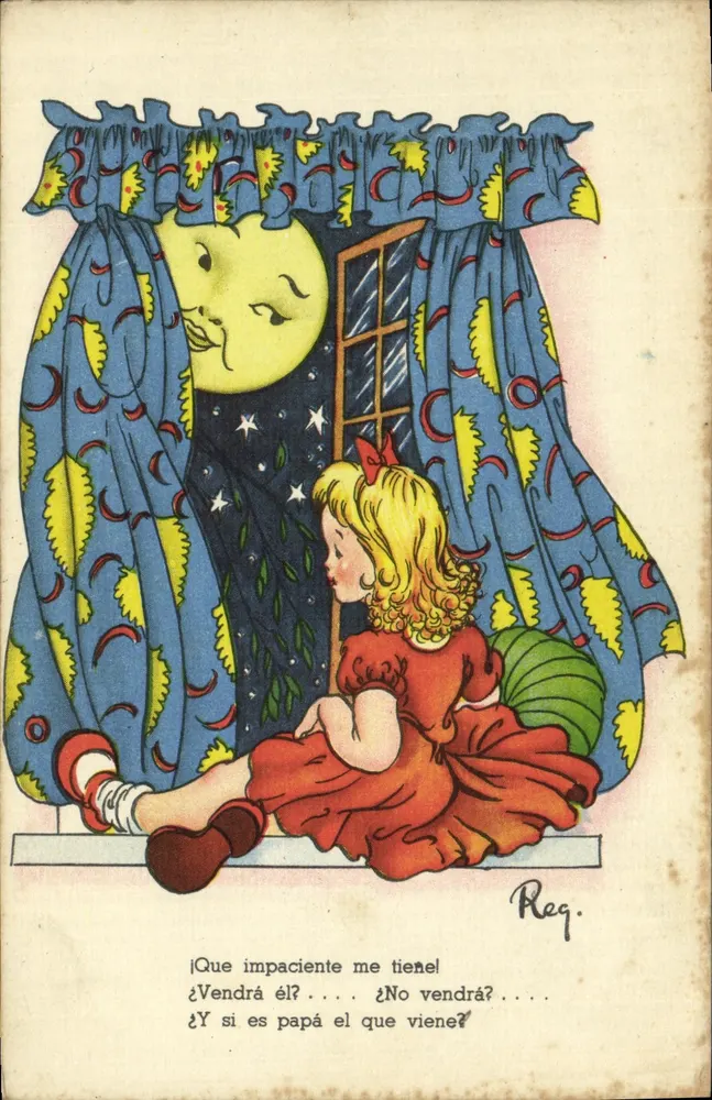 Mädchen, das auf ihren Papa wartet — Illustration mit lachender Mond — Reg. (Verleger ?) - Vorderseite