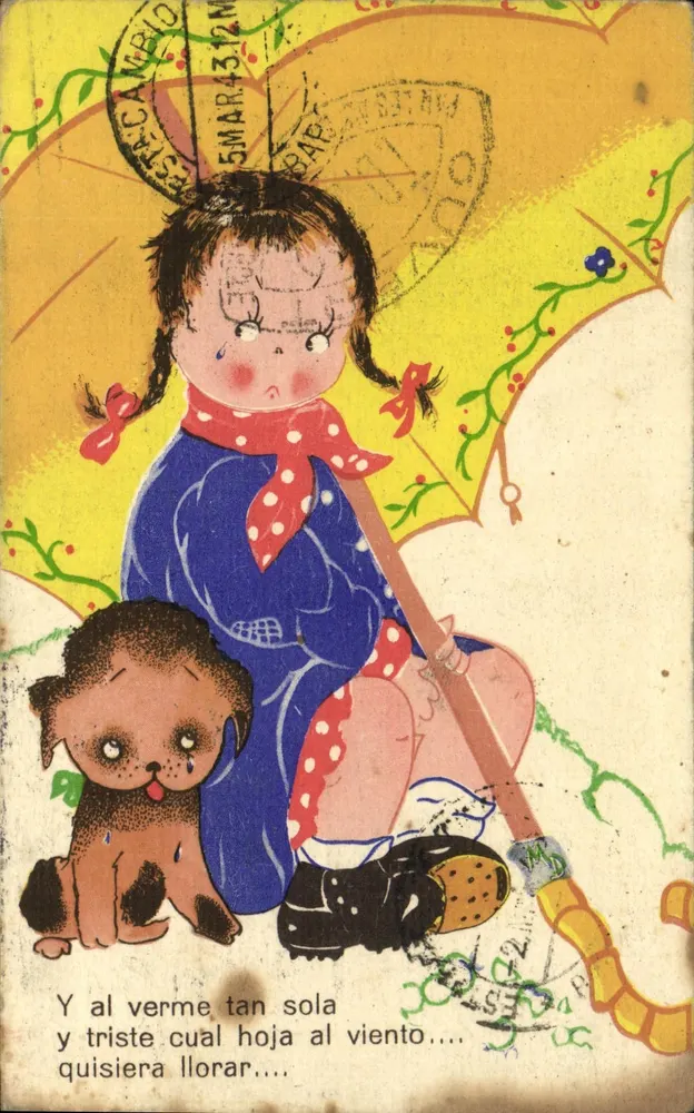 Fille triste avec un chien sous un parapluie — illustration imprimée, éditeur non visible, n° de série non lisible - Vorderseite