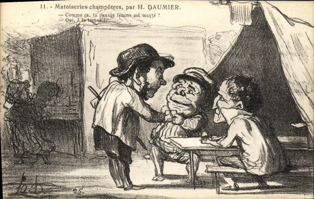 Ländliche Matoiseries, von H. DAUMIER — Karikatur von drei Männern in einer Zelt — Nr. 11 - Vorderseite
