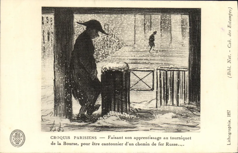 Pariser Skizzen — Lernen am Schalter der Börse, um Schutzmann auf einer russischen Eisenbahn zu werden... — Lithografie, 1857 - Vorderseite