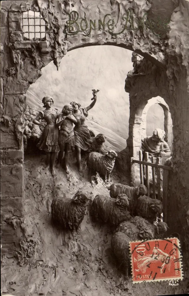 Gutes Neues Jahr — pastorale Szene mit Schäfern und Schafen — Verlag D. Tardan, Nr. 134 - Vorderseite