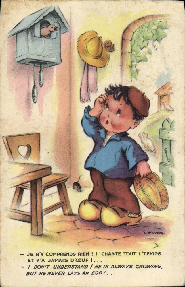 Enfant confus devant une horloge à oiseau — dessin de Y. Gougeon - Frente