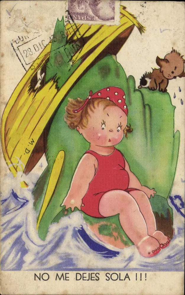 Kind in einem Bananenblattboot — gedruckter Text 'NO ME DEJES SOLA !!!' — Verlag M.D. (Rückseite) - Vorderseite