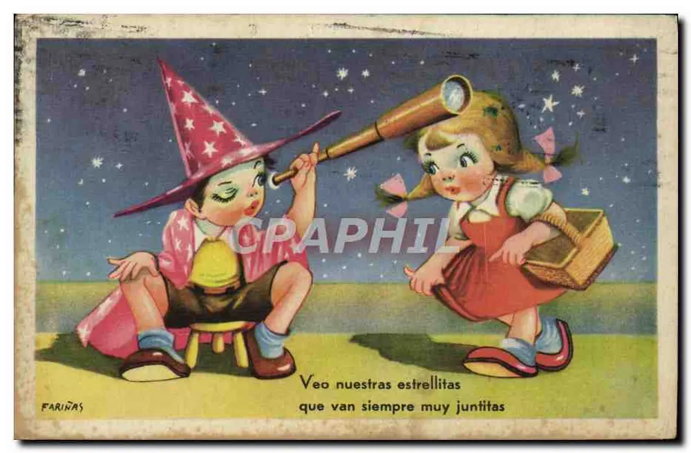 Enfants sous les étoiles — scène nocturne avec télescope — éditeur FARÍÑAS, série 11 - Recto