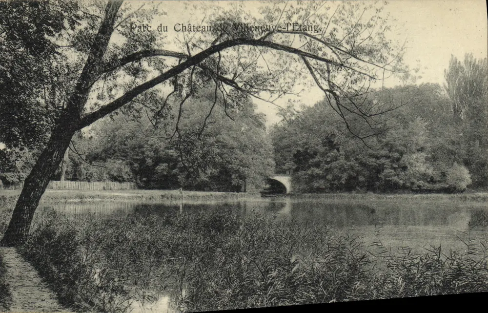 Park des Schlosses Valhenneuve-l'Érang — Ansicht des Sees und der Brücke — Ausgabe Trianon, Nr. 1855 - Vorderseite