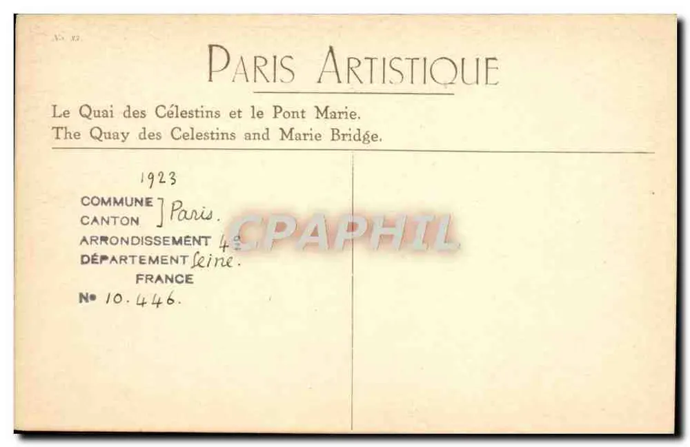 Der Quai des Célestins und der Pont Marie — Paris — Verlag Yvon, Seriennummer nicht sichtbar - Rückseite