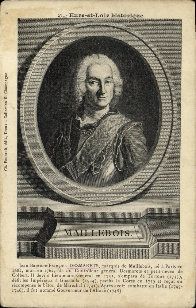 Jean-Baptiste-François Desmarets, marquis de Maillebois — porträtiertes Grabung mit biografischer Inschrift — Verleger Ch. Foucault, Éditeur, Dreux, Champagne - Vorderseite
