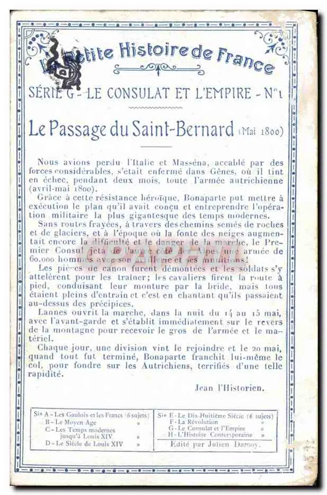 Le Passage du Saint-Bernard — scène historique — éditeur Julien Damo, série G - Verso